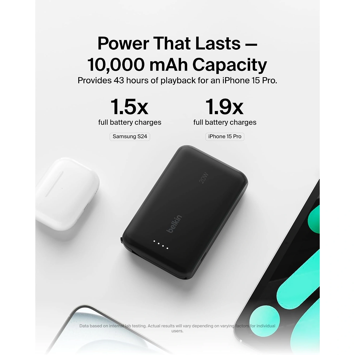 Belkin BoostCharge Power Bank 10K, PD 20W with USB-C Integrated Cab blue