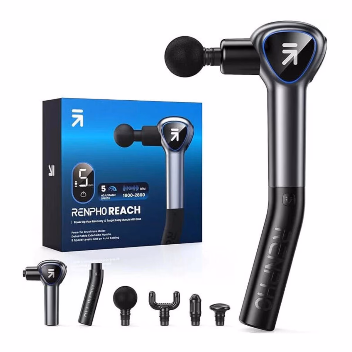 RENPHO REACH MASSAGE GUN WITH EXTENDED HANDLE BLK. - RENPHO REACH MASSAGE GUN WITH EXTENDED HANDLE BLK.