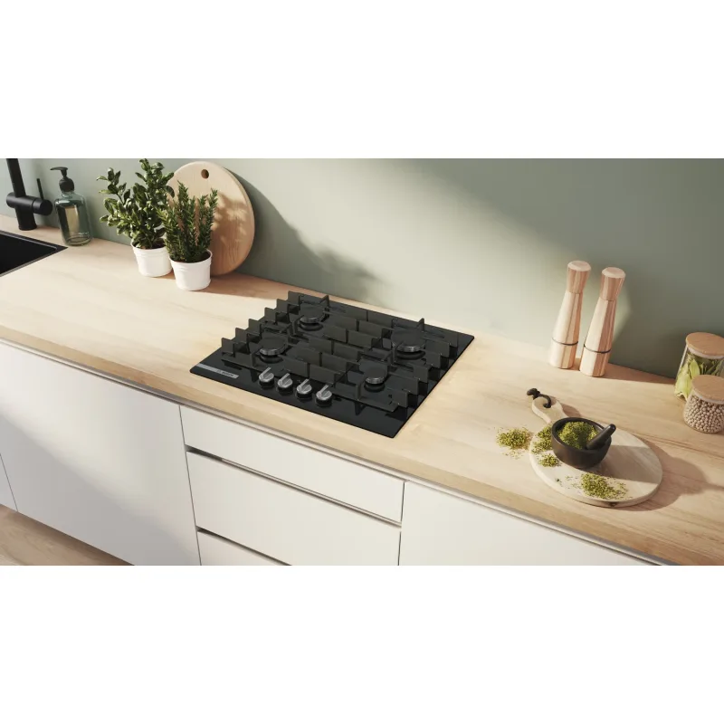 Series 8, Built-In Gas Hob 60cm, Cast Iron Pan Support, Full Safety, One Hand Auto Ignition, Detachable Sword Knobs, Flame Select 9 Step, Home Connect, Black Tempered Glass, Made in Spain