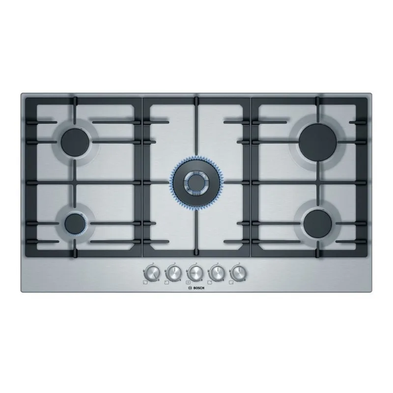 Series 6, Built-In Gas Hob 90cm, Cast Iron Pan Support, Full Safety, One Hand Auto Ignition, Cylindrical Knobs, 4KW Centre WOK Burner, Stainless Steel, Made in Spain