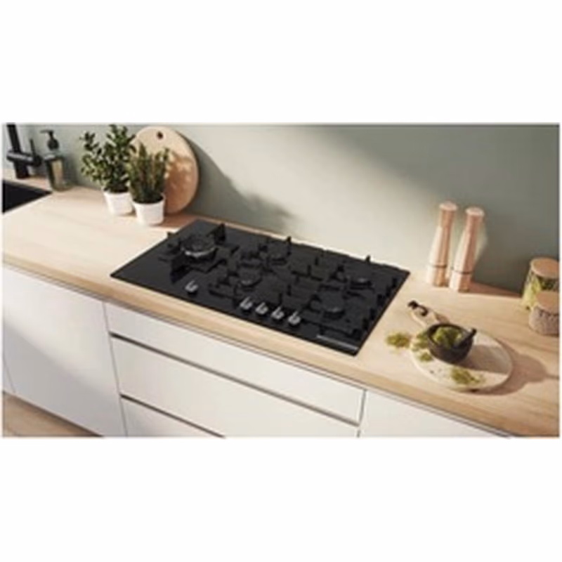 Series 6, Built-In Gas Hob 90cm, Cast Iron Pan Support, Full Safety, One Hand Auto Ignition, Detacable Full Metal Sword Knobs, 4KW Right WOK Burner, Flame Select 9 Step, Black Tempered Glass