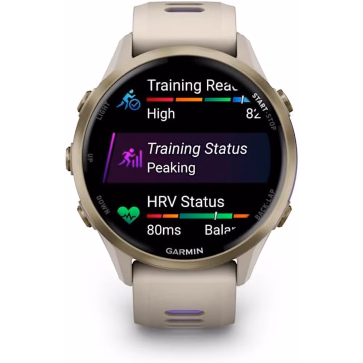 GARMIN FORERUNNER 970 SOFT GOLD TITANIUM W FRENCH GRAY CASE & FRENCH GRAY TRANSLUCENT INDIGO BAND 2