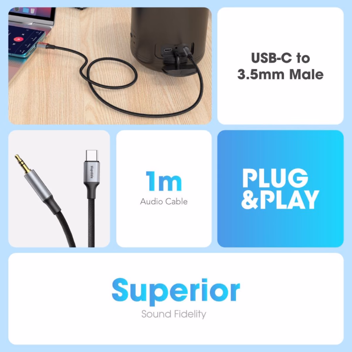 Blupebble USB C Male To 3.5MM Male Cable 1M Gray BP USBC23.5MALE GY 3