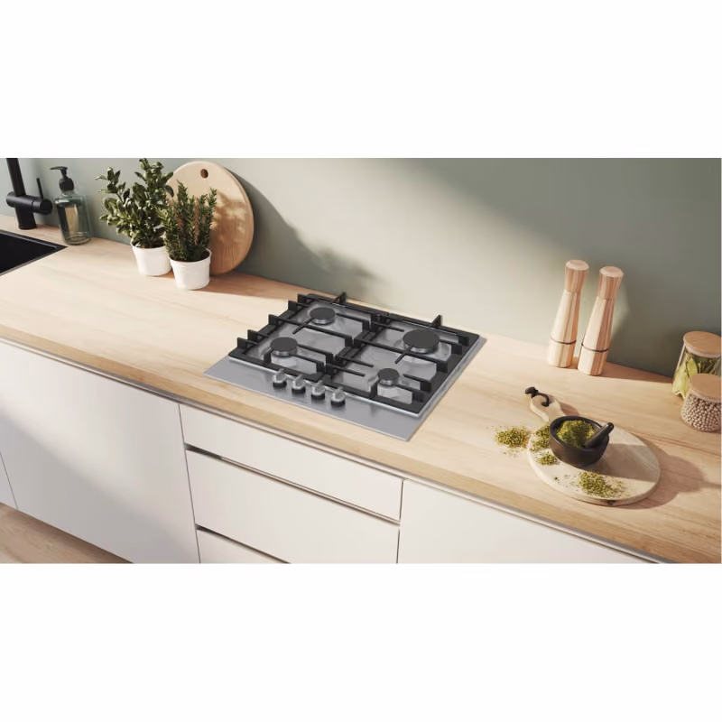 Series 6, Built-In Gas Hob 60cm, Cast Iron Pan Support, Full Safety, One Hand Auto Ignition, Full Metal Sword Knobs, Flame Select 9 Step, Stainless Steel, Made in Spain