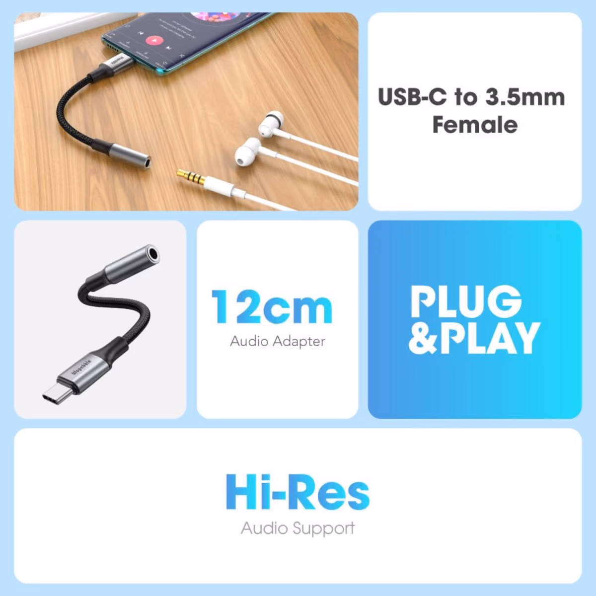 Blupebble USB C Male To 3.5MM Female Adapter Gray BP USBC23.5FMALE GY 3
