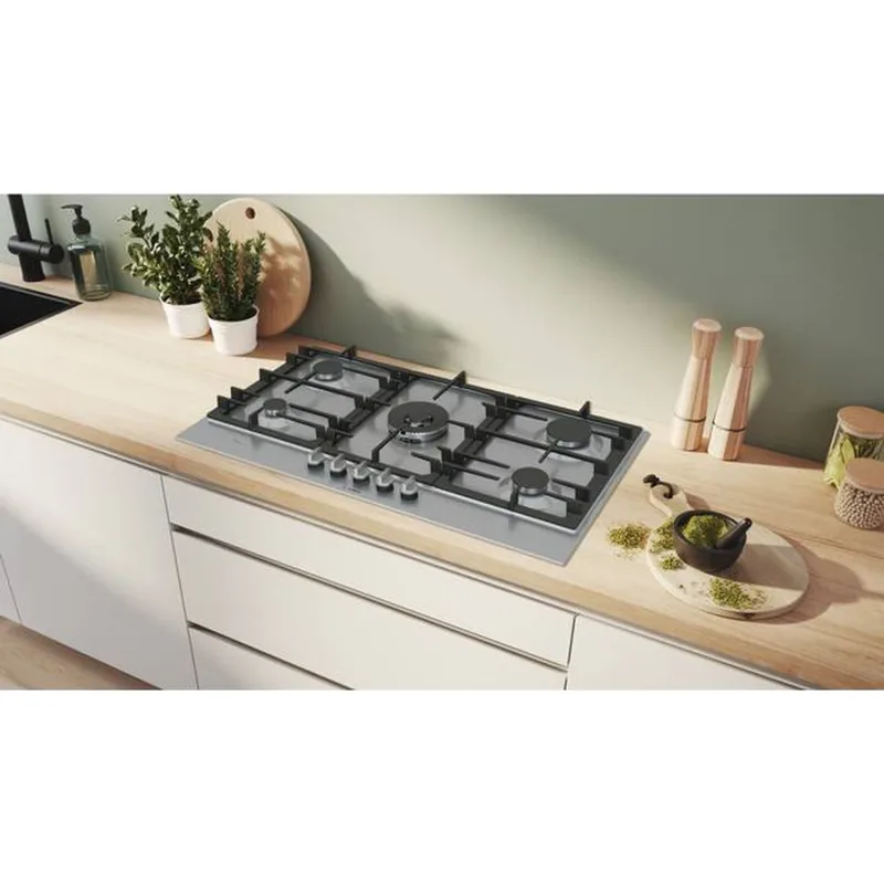 Series 6, Built-In Gas Hob 90cm, Cast Iron Pan Support, Full Safety, One Hand Auto Ignition, Detachable Full Metal Sword Knobs, 4KW Centre WOK Burner, Stainless Steel, Made in Spain