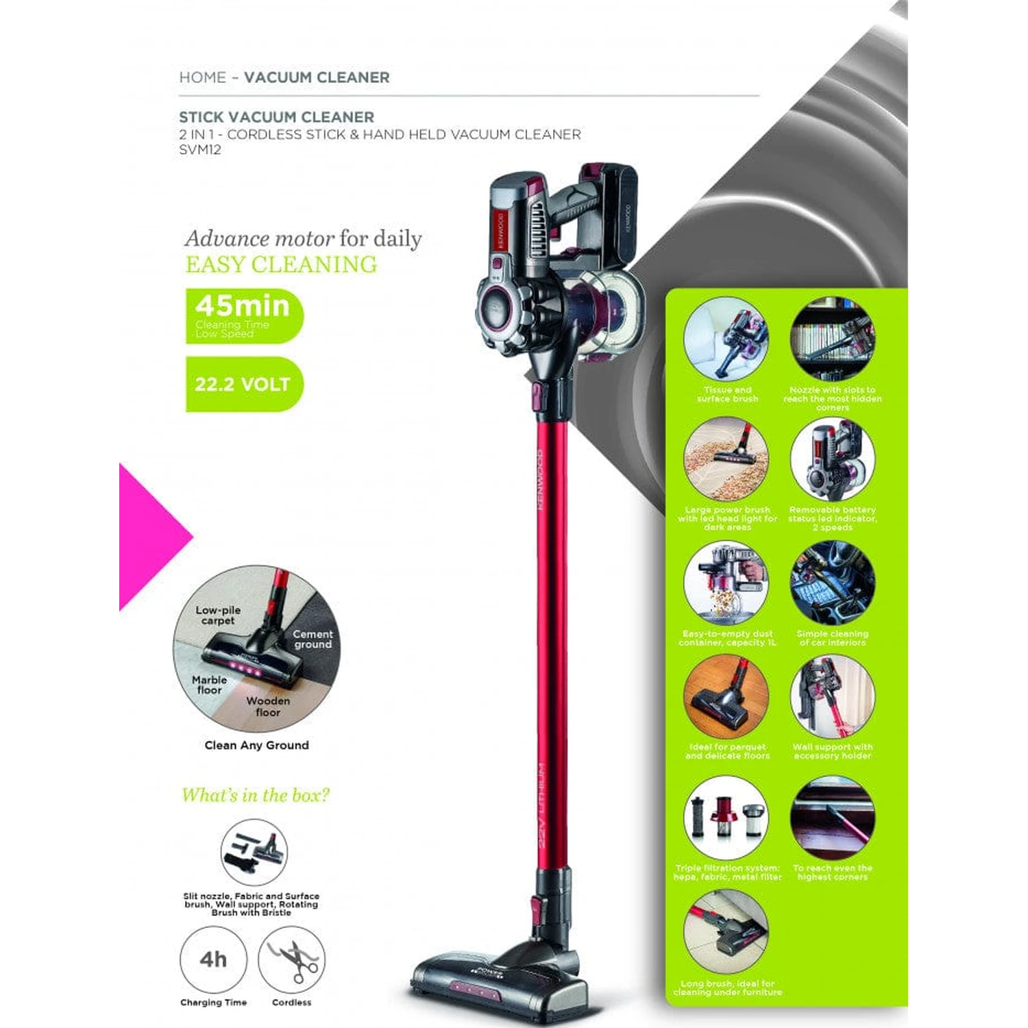 Kenwood 2 In 1 Cordless Stick & Handheld Vacuum Cleaner, SVM12.000RD