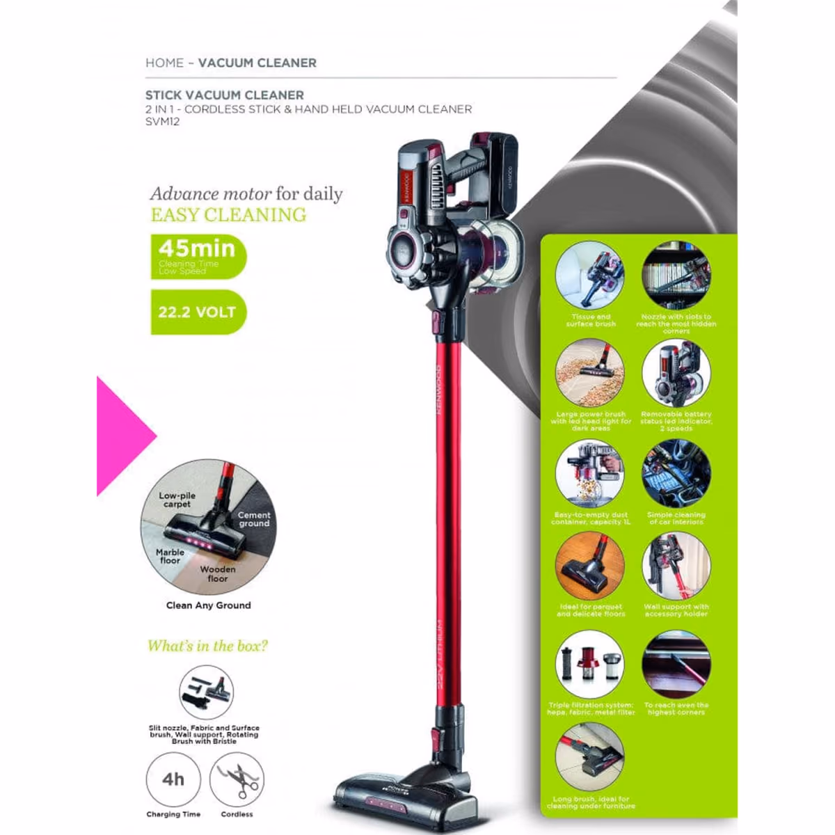 Kenwood 2 In 1 Cordless Stick & Handheld Vacuum Cleaner, SVM12.000RD - Kenwood 2 In 1 Cordless Stick & Handheld Vacuum Cleaner, SVM12.000RD