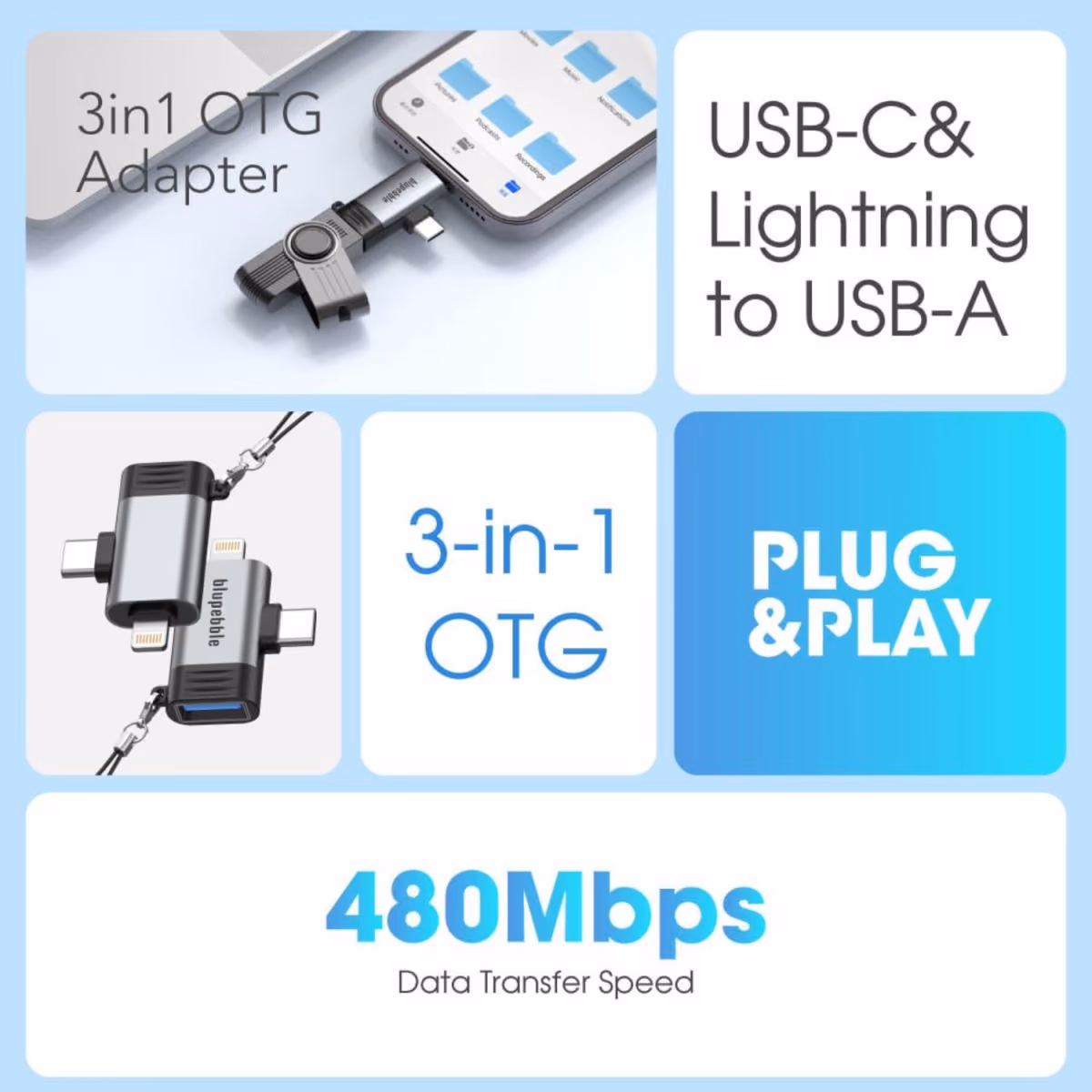 Blupebble 2 IN 1 USB A To USB C & Lightning Adapter Gray BP OTGA2CNL GY 2