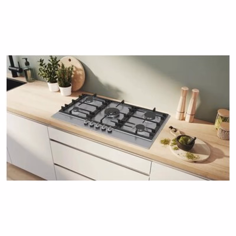 Series 6, Built-In Gas Hob 90cm, Cast Iron Pan Support, Full Safety, One Hand Auto Ignition, Full Metal Sword Knobs, 4.6KW WOK Burner, Flame Select 9 Step, Stainless Steel, Made in Spain