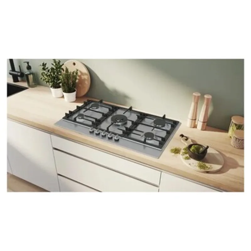Series 6, Built-In Gas Hob 90cm, Cast Iron Pan Support, Full Safety, One Hand Auto Ignition, Full Metal Sword Knobs, 4.6KW WOK Burner, Flame Select 9 Step, Stainless Steel, Made in Spain
