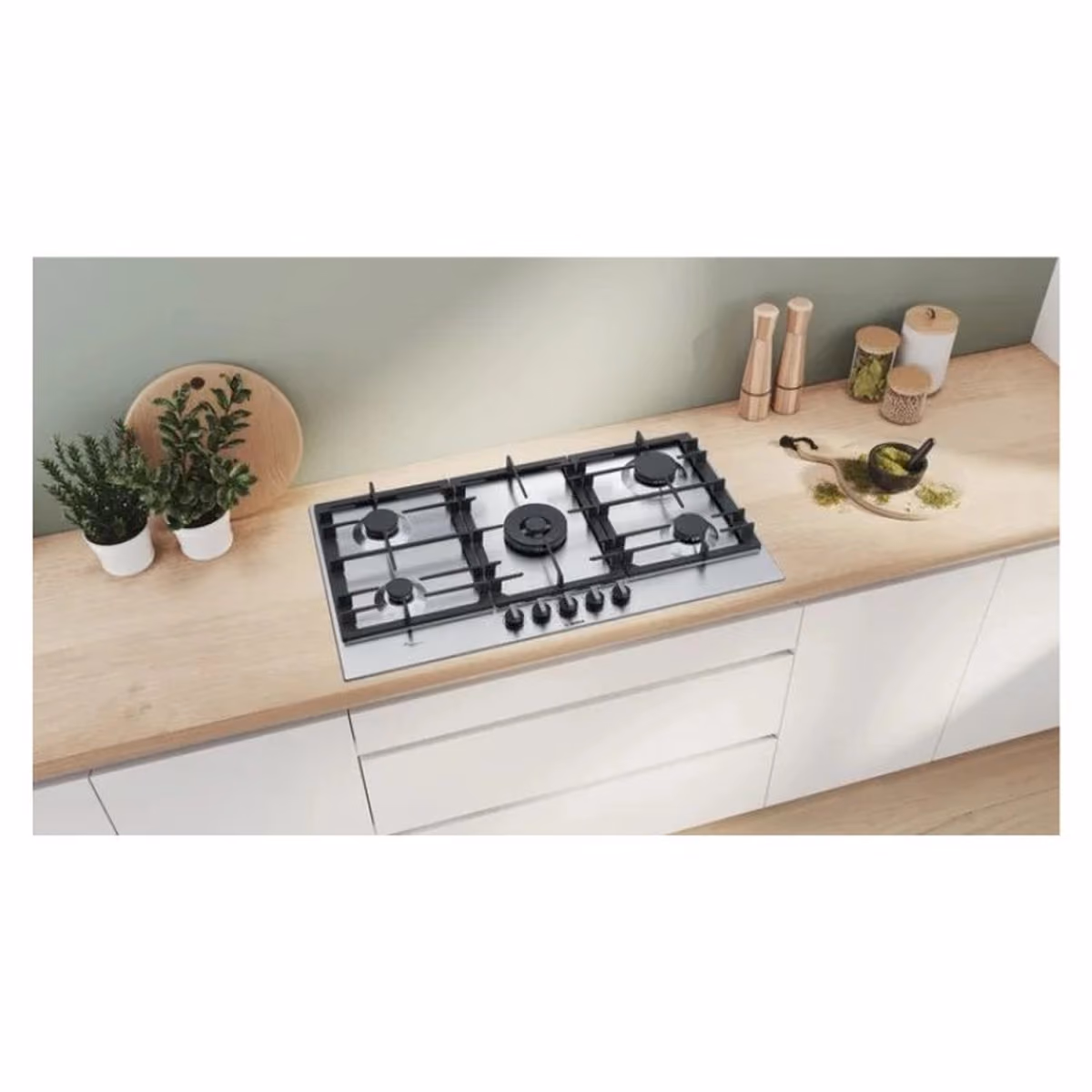 Series 6, Built-In Gas Hob 90cm, Cast Iron Pan Support, Full Safety, One Hand Auto Ignition, Sword Knobs, 5KW WOK Burner, Flame Select 9 Step, Stainless Steel, Made in Spain - Series 6, Built-In Gas Hob 90cm, Cast Iron Pan Support, Full Safety, One Hand Auto Ignition, Sword Knobs, 5KW WOK Burner, Flame Select 9 Step, Stainless Steel, Made in Spain