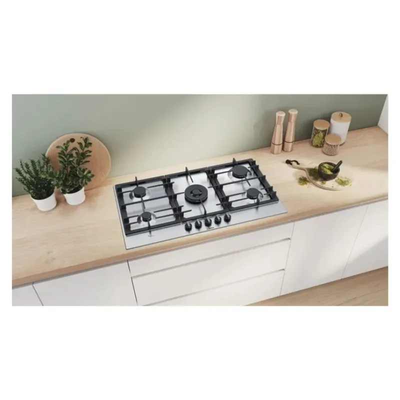 Series 6, Built-In Gas Hob 90cm, Cast Iron Pan Support, Full Safety, One Hand Auto Ignition, Sword Knobs, 5KW WOK Burner, Flame Select 9 Step, Stainless Steel, Made in Spain